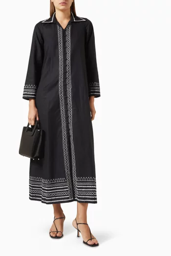 Embroidered-trims Midi Dress in Linen