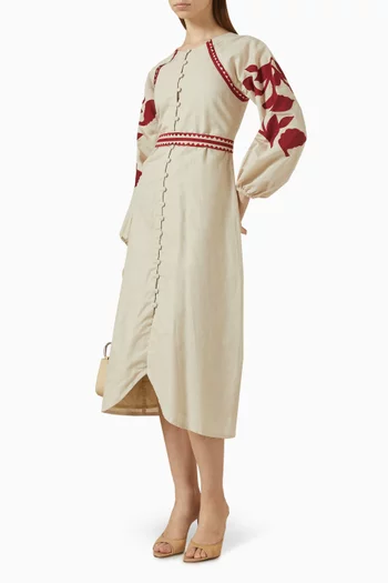 Embroidered Midi Dress in Linen