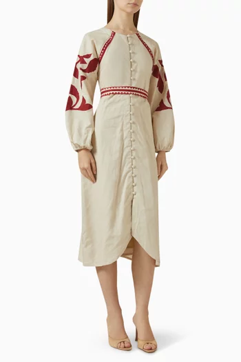 Embroidered Midi Dress in Linen