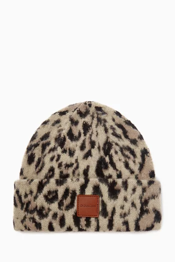 Leopard-print Patch Beanie Hat in Wool-blend