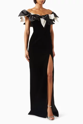 Bow Off-shoulder Gown in Satin