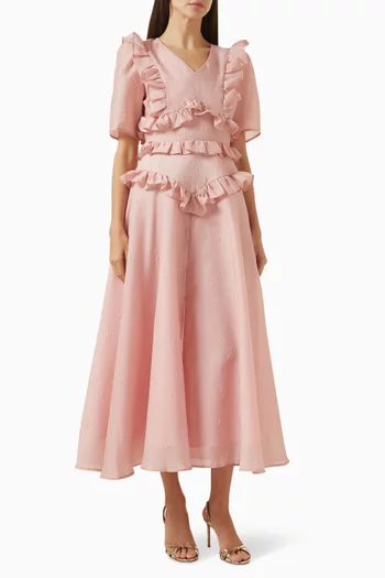 فستان متوسط الطول بكشكش