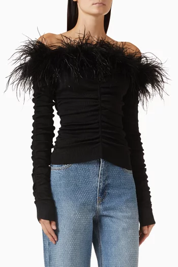 Feather-trim Off-shoulder Top in Knit