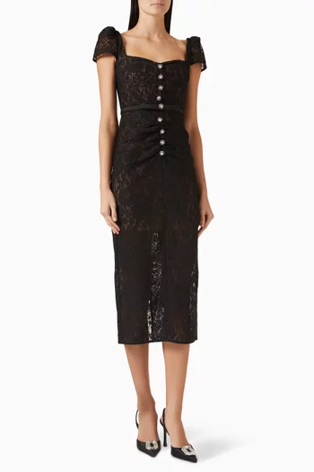 فستان متوسط الطول بفتحة رقبة على شكل قلب دانتيل