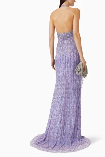 Sequin-embellished Slit Gown in Mesh