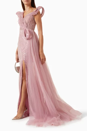 Bead-embroidered Slit Gown