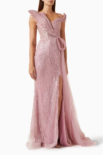 Bead-embroidered Slit Gown