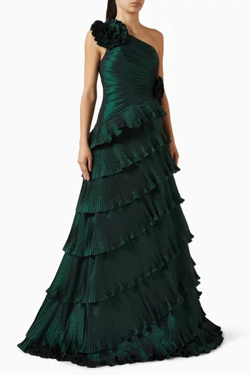 One-shoulder Tiered Gown in Silk Taffeta