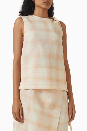 Check Twist-sleeve Top in Linen-blend