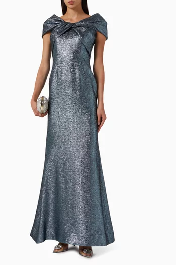 فستان سهرة بأكتاف مكشوفة وفتحة رقبة بتصميم ملفوف جاكار