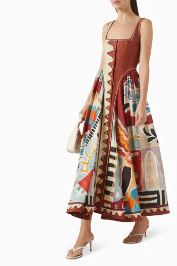 فستان ميشيل بفتحة رقبة مربعة مزيج كتان