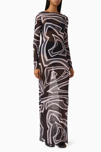 Abstract-print Maxi Dress in Tulle