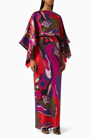 Orchidee-print Cape Maxi Dress in Silk-twill