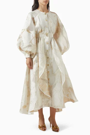 Puffed-sleeves Belted Maxi Dress