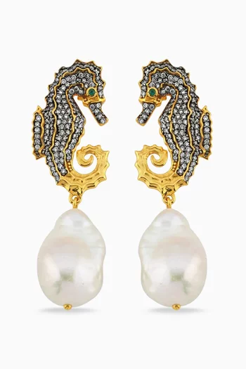 أقراط ميني بتصميم حصان البحر مزينة باللؤلؤ برونز مطلي ذهب عيار 24