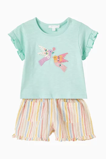 تي شيرت مزين بكشكش وتطريز طائر السنونو قطن عضوي