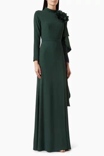 فستان سهرة بزهرة بارزة كريب وستان مجعد