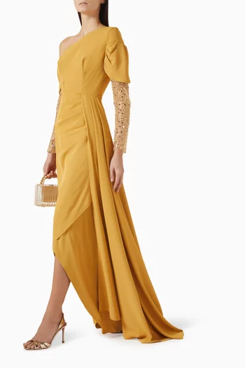 فستان بقصة غير متماثلة بتطريزات كريب