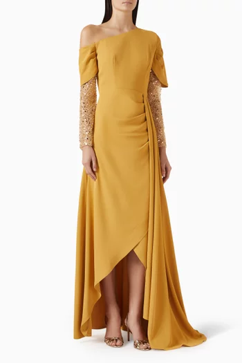 فستان بقصة غير متماثلة بتطريزات كريب