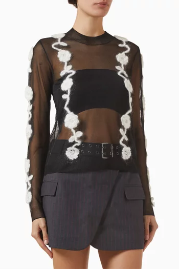 بلوزة شفافة برقعات زهور كروشيه بارزة