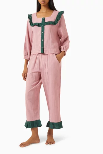 طقم بيجاما بلوزة وبنطال بكشكش قطن