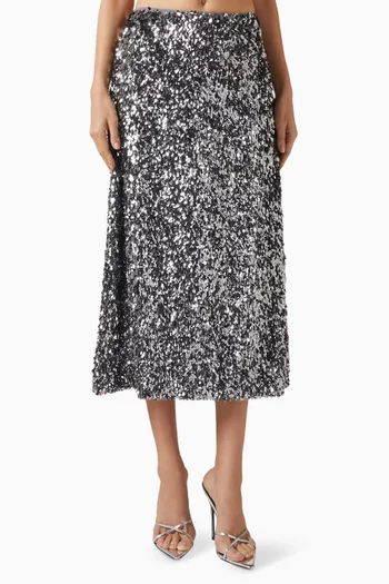 تنورة نايلا متوسطة الطول مزينة بتطريزات بالترتر