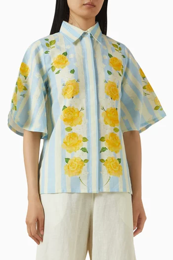 قميص مزين بنقشة خطوط وورود كتان