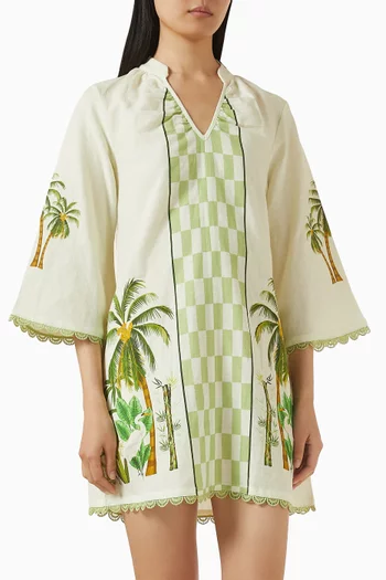 فستان قصير بنقشة أشجار نخيل