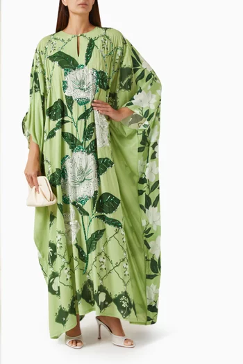 قفطان ماغنوليا بنمط فستان بتطريز يدوي بالخرز ورباط