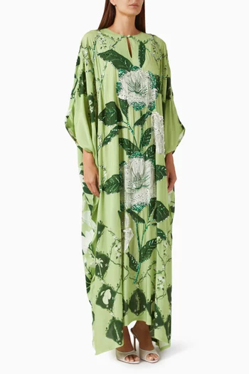 قفطان ماغنوليا بنمط فستان بتطريز يدوي بالخرز ورباط