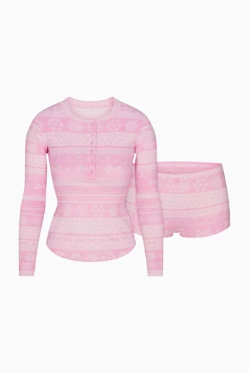 Logo Plush Pointelle Henley & Shorts Set