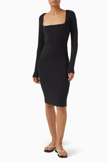 فستان متوسط الطول بقتحة رقبة مربعة مزيج مودال سموذ لايرز