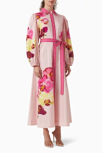 فستان لوسيل طويل بحزام مزيج قطن وكتان