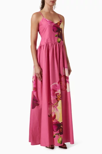 فستان ديليا طويل مزيج قطن وكتان