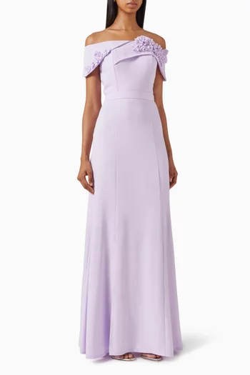 فستان سهرة مطرز بأكتاف مكشوفة كريب