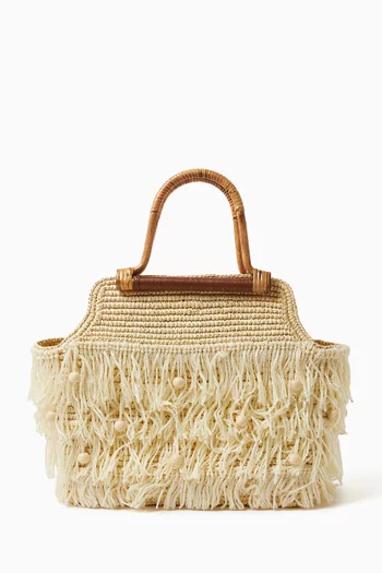 Fringed Beach Basket Bag in Woven Straw