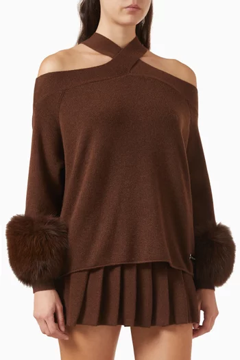 Criss-cross Fur-trim Sweater in Wool-cashmere