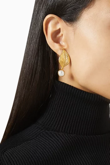 Leaf Pearl Earrings in Plated Metal