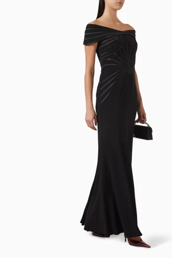 Off-shoulder Pleated Gown in Crepe