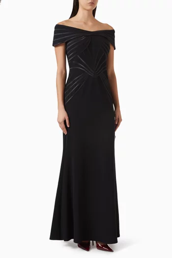 Off-shoulder Pleated Gown in Crepe