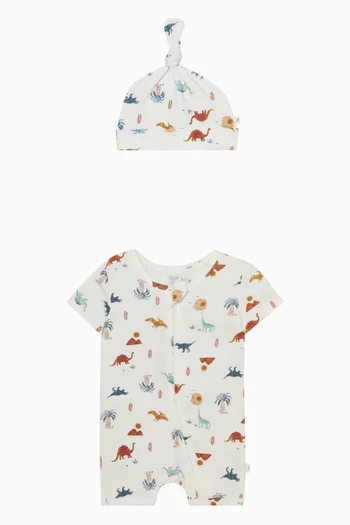 طقم رومبر وقبعة بيني  بنقشة ديناصور