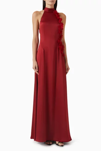 Halterneck Floral-appliqué Dress in Satin
