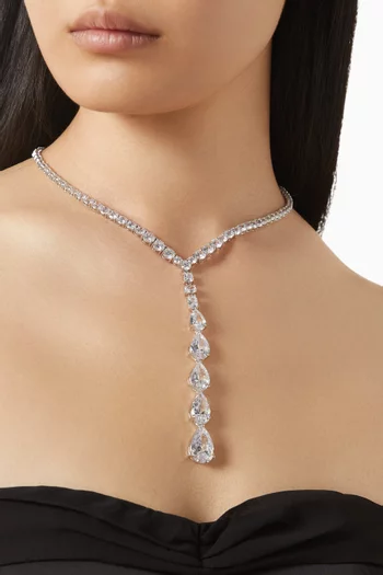 CZ Lariat Pear Necklace in Rhodium-plated Brass