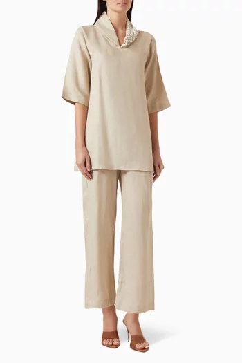 Pearl-embellished Top & Pants Set in Linen
