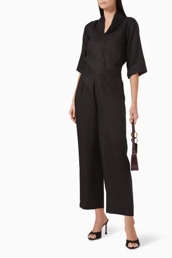Pearl-embellished Top & Pants Set in Linen