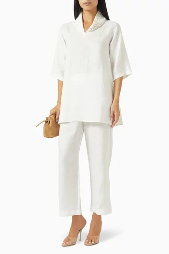 Pearl-embellished Top & Pants Set in Linen