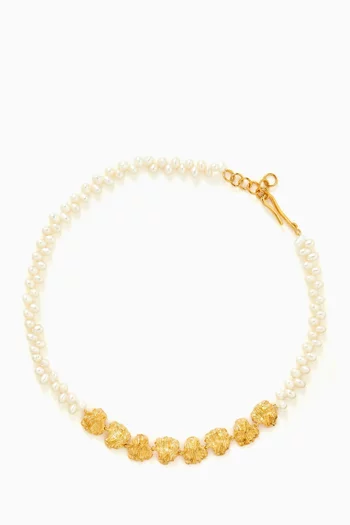 قلادة رقبة ببتلات متعددة مزينة باللؤلؤ معدن مطلي بلون ذهبي