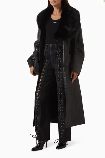 Faux Fur Collar Coat in Leather