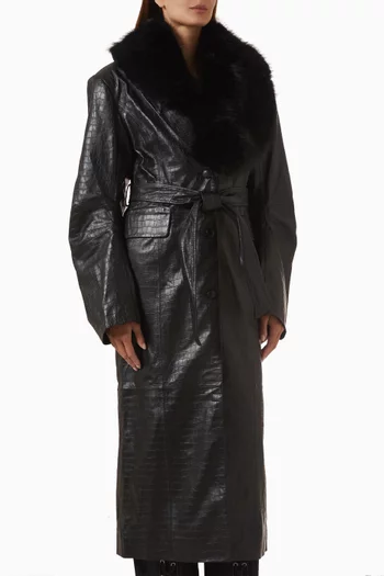 Faux Fur Collar Coat in Leather