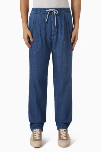 Double Pleats Drawstring Pants in Denim